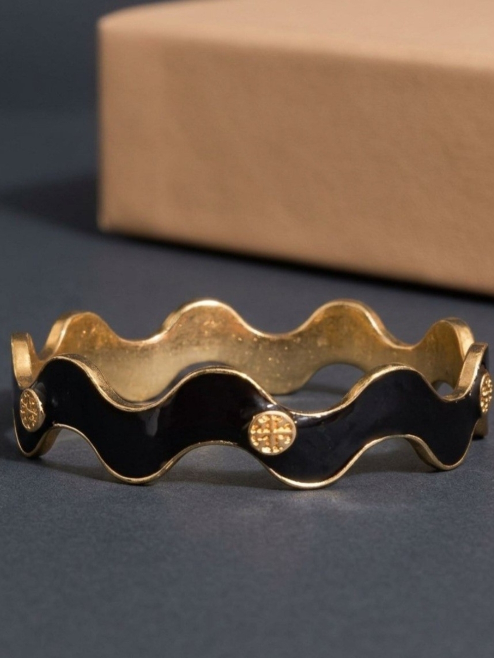 Vintage Gold Black Enamel Wavy Bangle Bracelet Cross Medallion Accent Spade Type